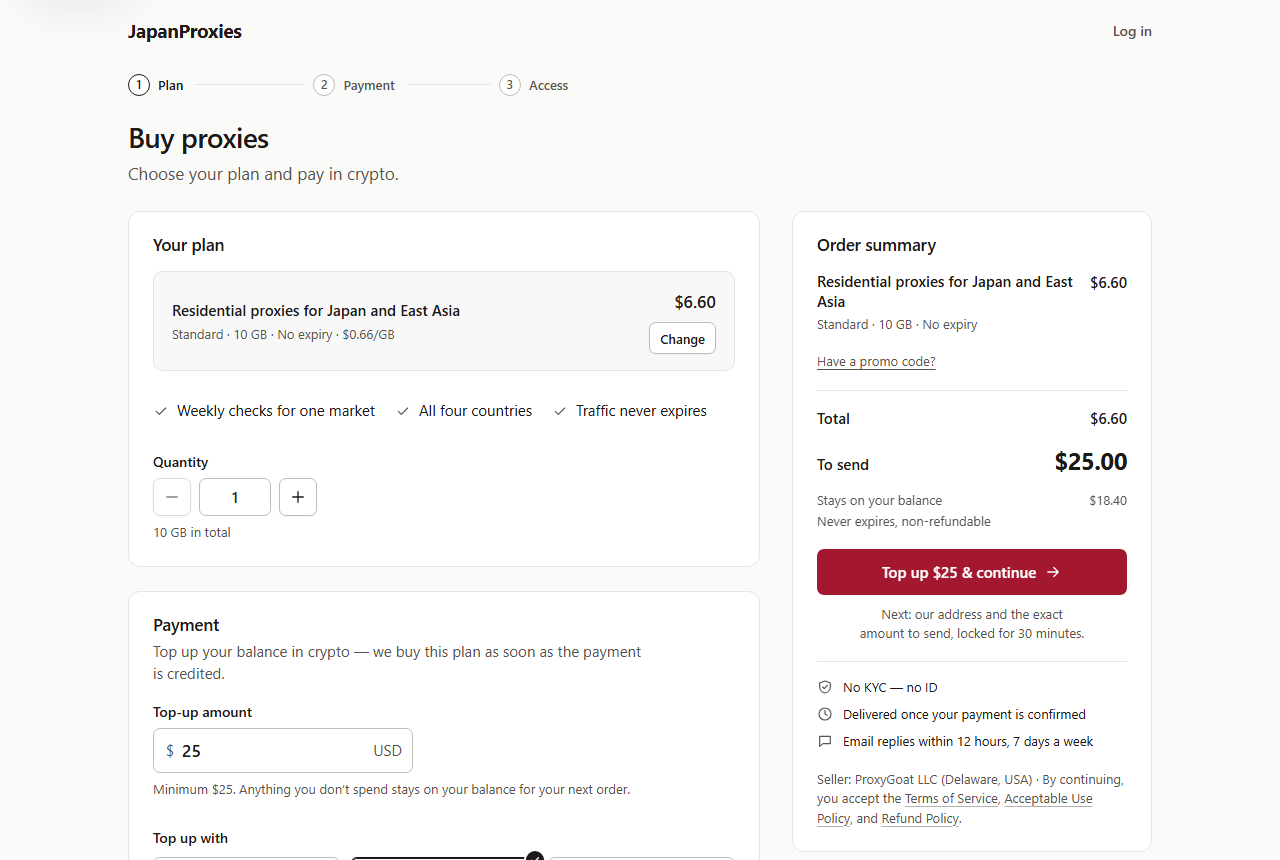 JapanProxies checkout with the 10 GB plan, the $25 minimum top-up, the amount that stays on the balance and an order summary naming the seller, ProxyGoat LLC, Delaware (demo data).